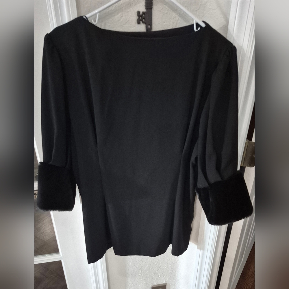 Zara Tailored Black Blouse with Fur Cuffs. NWOT!